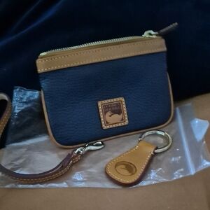Dooney & Bourke Navy Blue & Tan Leather Coin Pouch/SM Wrislet & Key Ring EUC